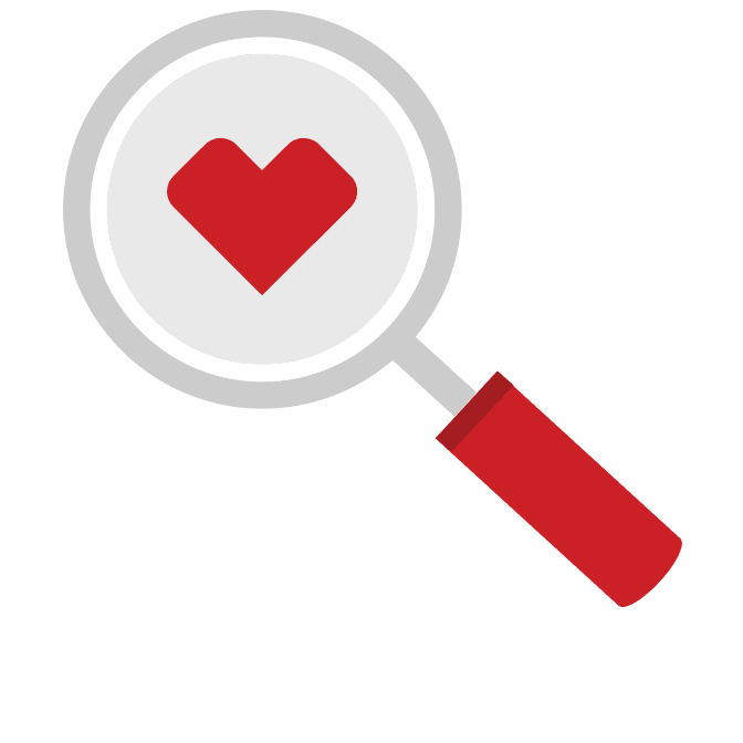 A pictogram of a magnifying glass with a CVS heart.