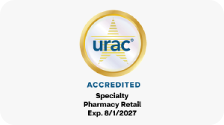 The URAC logo and accreditation seal. Specialty Pharmacy Retail. Expires August 1, 2027.