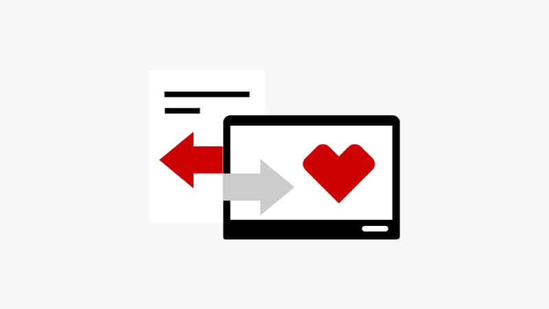 Pictogram of arrows to and from a page and a laptop screen with a CVS heart, to indicate delivery technology
