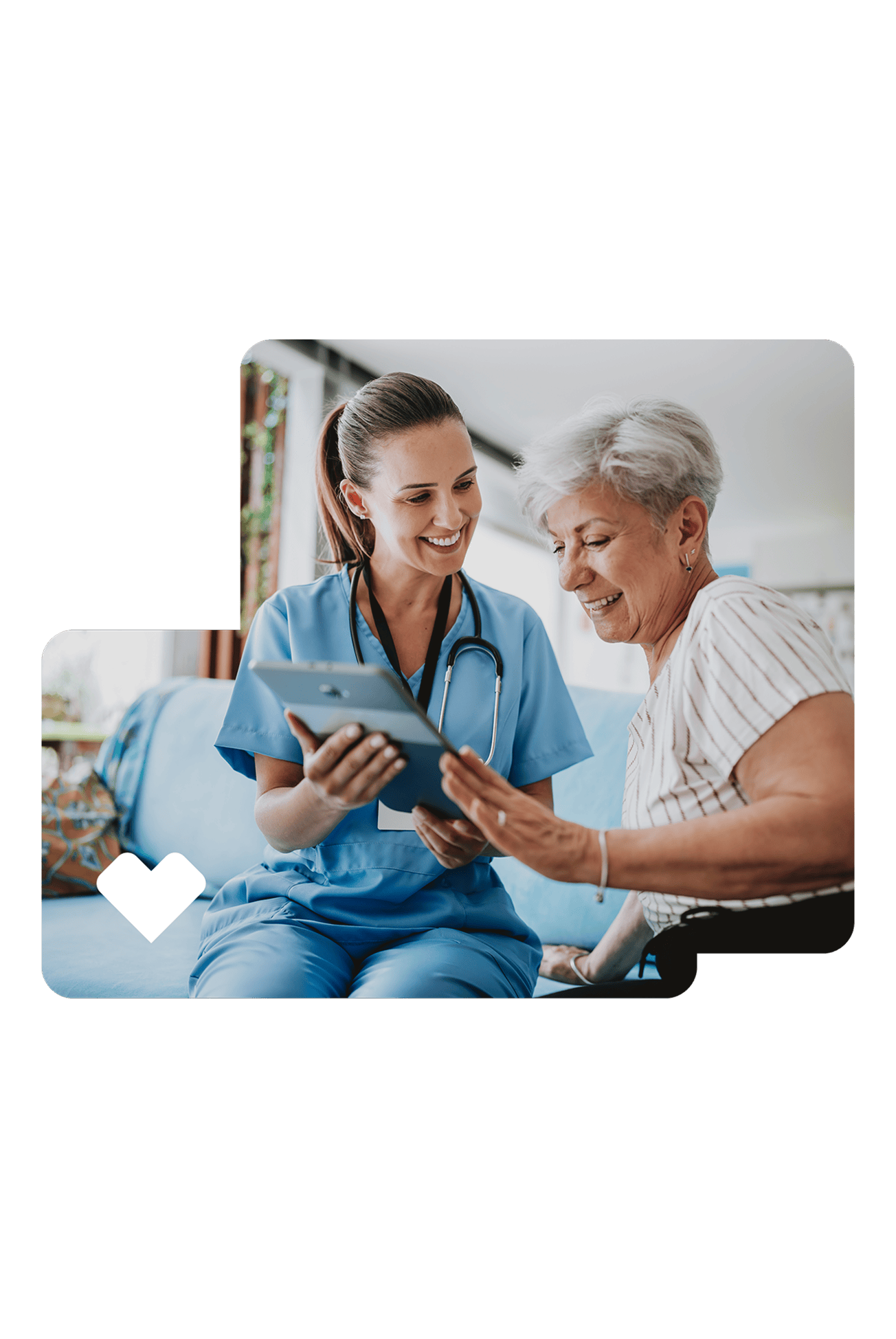 A health care provider shows results on a tablet screen to a patient