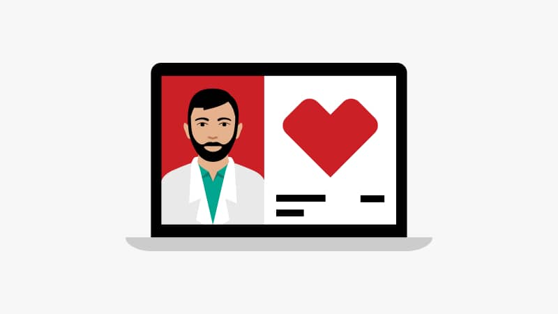 A pictogram of a laptop screen with a health care provider and CVS heart