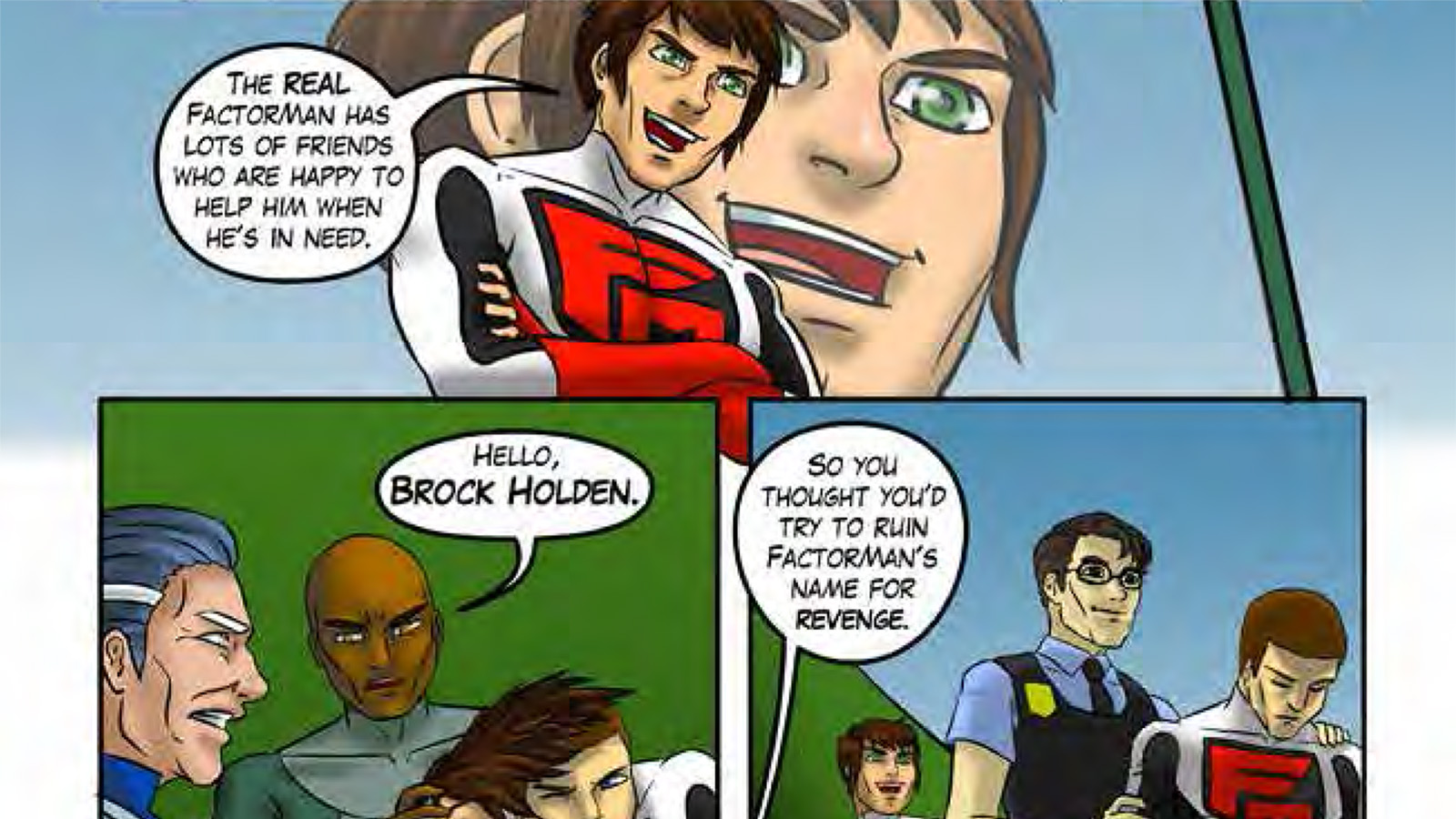 A comic panel features characters discussing a conflict, with vibrant illustrations and speech bubbles conveying their dialogue.