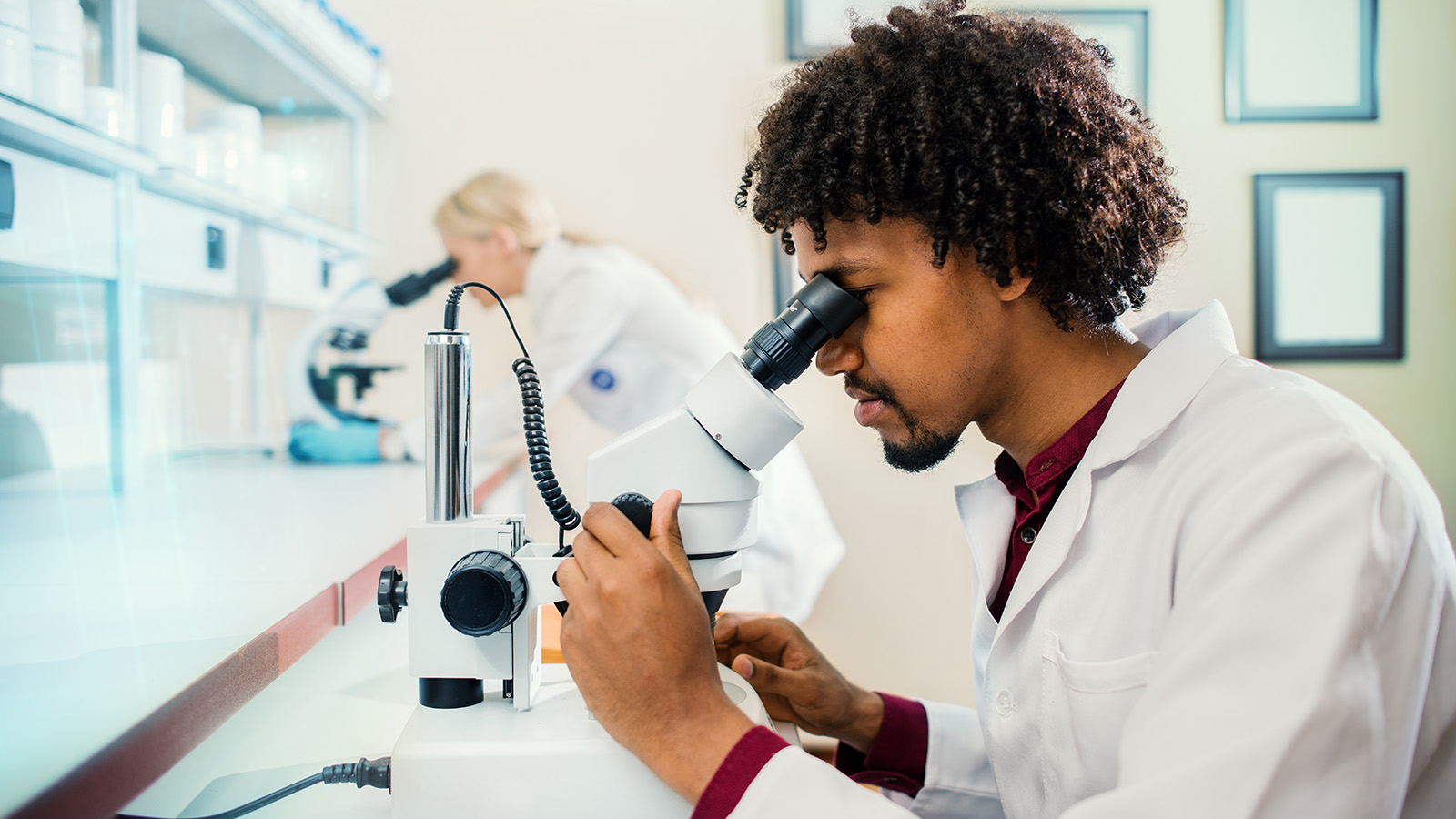 A person looking through a microscope in a laboratory