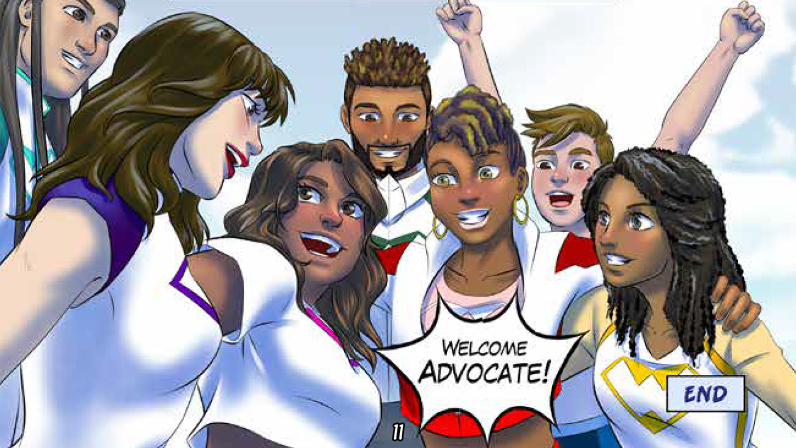 A diverse group of animated characters cheer together, with a speech bubble saying “WELCOME ADVOCATE!”