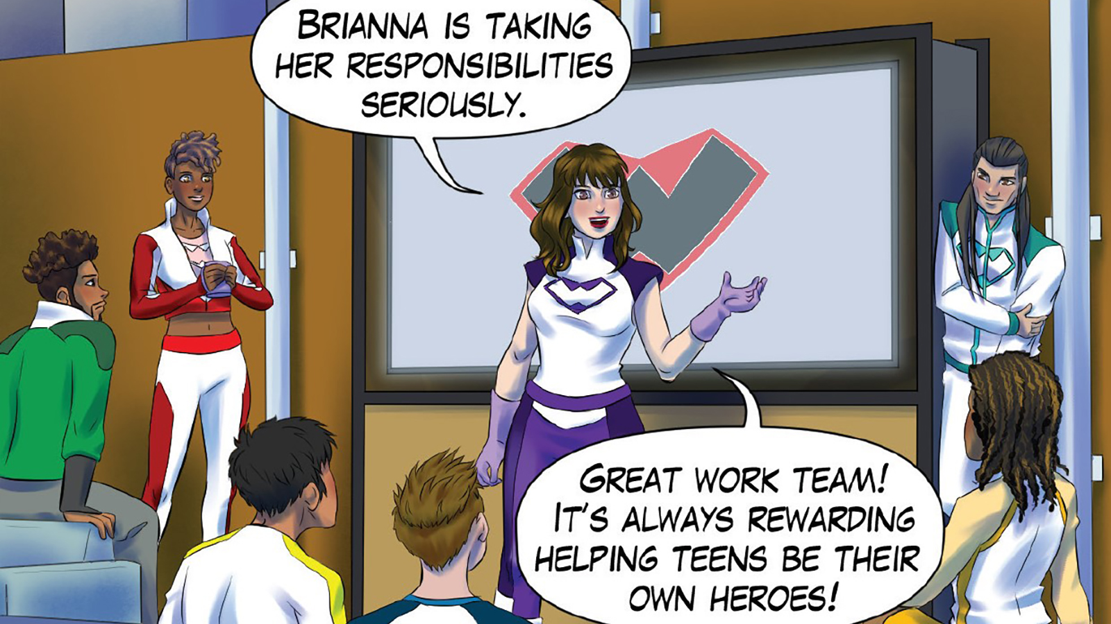 A group of teens listens to a girl presenting in front of a screen with a heart symbol.